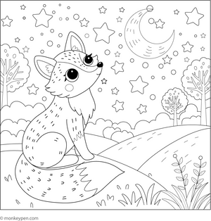 Fox and a Starry Night coloring page – free printable for kids to color and enjoy