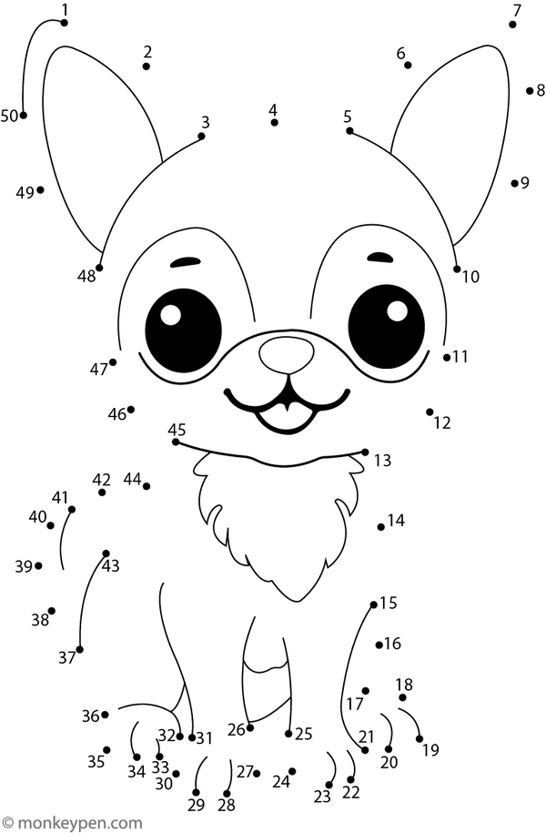 Dot-to-dot worksheet of a cartoon chihuahua with big ears for children to connect and color