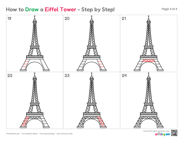 Beginner landmark drawing featuring an Eiffel Tower guide.