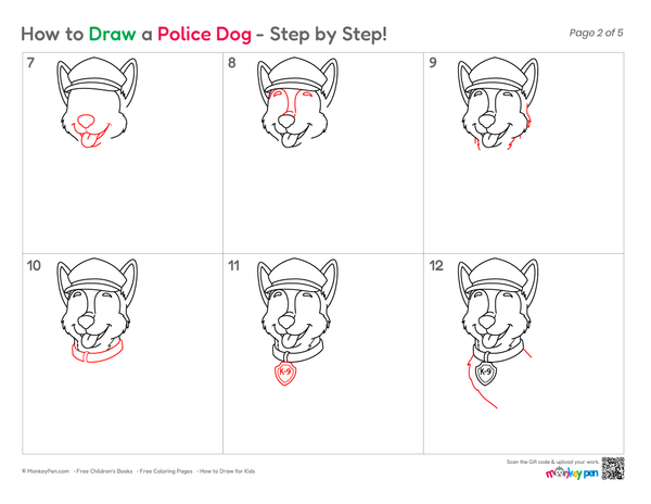 Create a detailed police dog illustration with easy sketching stages and distinctive working dog features.