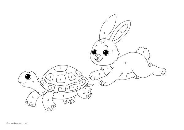 Free downloadable color-by-number page featuring the rabbit and tortoise in a classic story scene—kids can follow numbered sections to color the characters and background while learning about patience and perseverance.