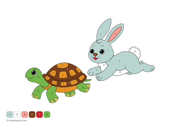 Free downloadable color-by-number page featuring the rabbit and tortoise in a classic story scene—kids can follow numbered sections to color the characters and background while learning about patience and perseverance.