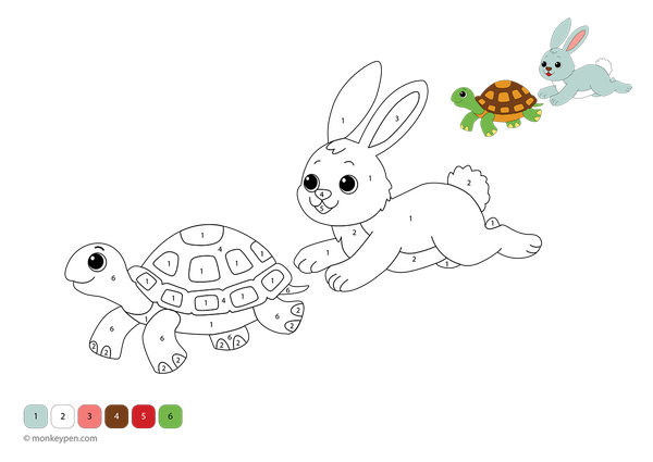 Free downloadable color-by-number page featuring the rabbit and tortoise in a classic story scene—kids can follow numbered sections to color the characters and background while learning about patience and perseverance.
