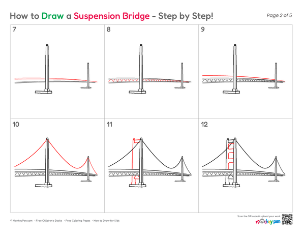 Easy-to-color suspension bridge drawing for kids