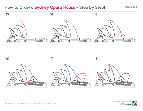 Easy city landmark drawing tutorial featuring a detailed Sydney Opera House illustration.
