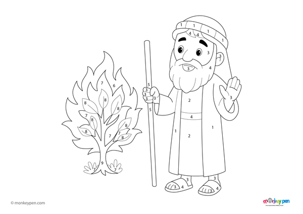 Color by number worksheet illustrating Moses with the Ten Commandments, with numbered sections for coloring his clothing and the desert background.