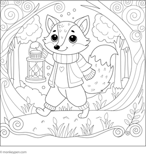 Fox and a Lantern coloring page – free printable for kids to color and enjoy