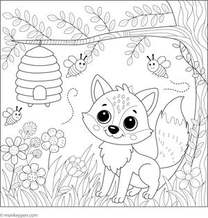 Fox and a Beehive coloring page – free printable for kids to color and enjoy