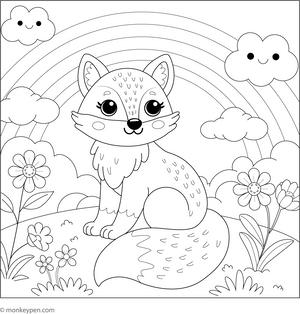 Fox and a Rainbow coloring page – free printable for kids to color and enjoy