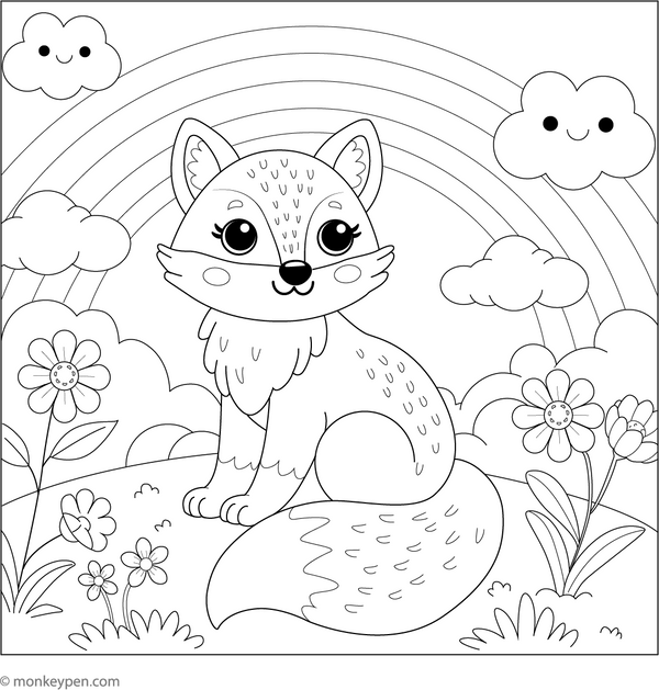 Fox and a Rainbow coloring page – free printable for kids to color and enjoy