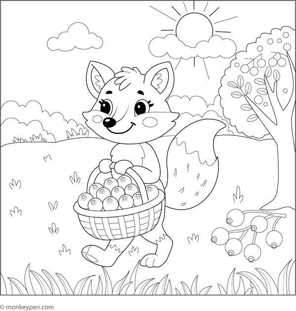 Fox and a Basket of Berries coloring page – free printable for kids to color and enjoy