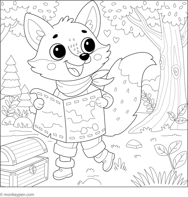 Fox and a Secret Map coloring page – free printable for kids to color and enjoy