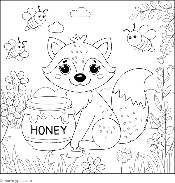 Fox and a Honey Pot coloring page – free printable for kids to color and enjoy