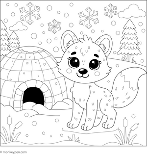 Fox and an Igloo coloring page – free printable for kids to color and enjoy