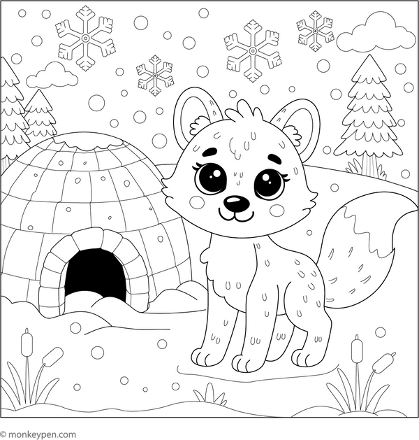 Fox and an Igloo coloring page – free printable for kids to color and enjoy