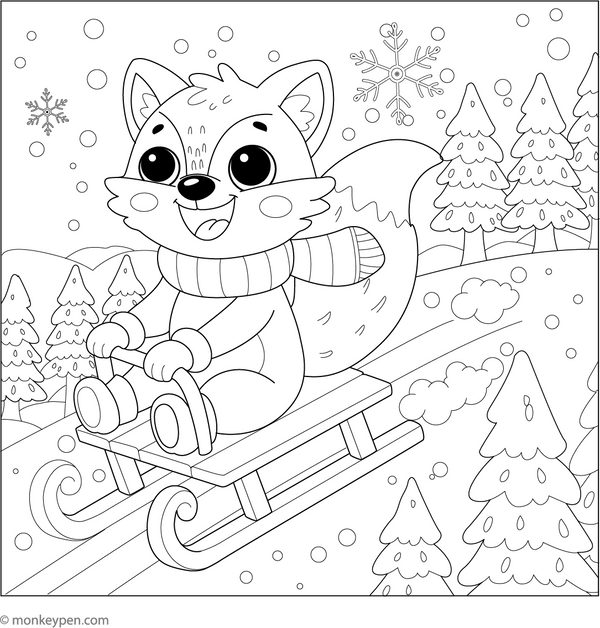 Fox and a Sled coloring page – free printable for kids to color and enjoy