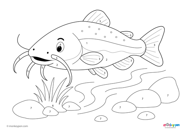 Color by number worksheet depicting a catfish in a pond, with numbered sections for coloring the fish and aquatic plants.