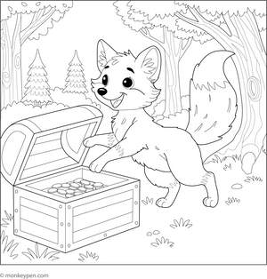 Fox and a Treasure Chest coloring page – free printable for kids to color and enjoy