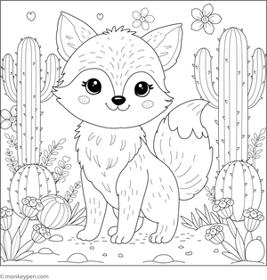 Fox and a Cactus Garden coloring page – free printable for kids to color and enjoy