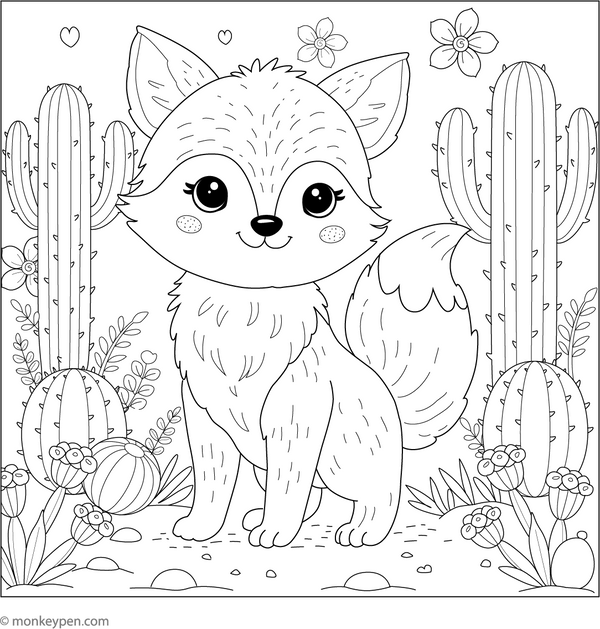 Fox and a Cactus Garden coloring page – free printable for kids to color and enjoy