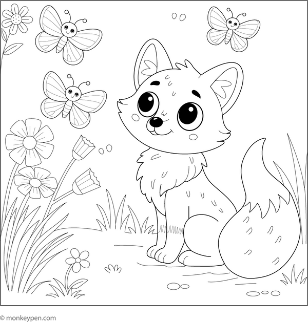 Fox and Butterflies coloring page – free printable for kids to color and enjoy