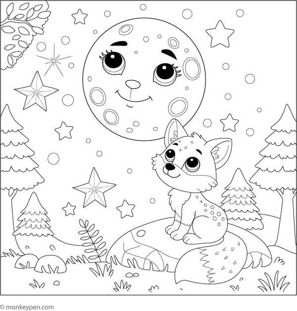 Fox and the Moon coloring page – free printable for kids to color and enjoy