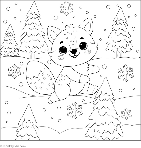 Fox and Snowflakes coloring page – free printable for kids to color and enjoy