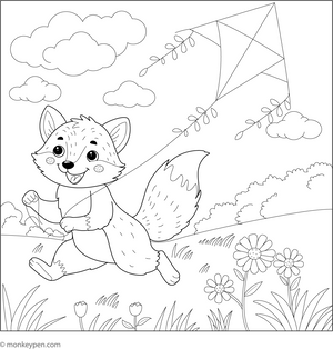 Fox with a Kite coloring page – free printable for kids to color and enjoy