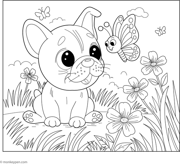 French Bulldog and a Butterfly coloring page – free printable for kids to color and enjoy