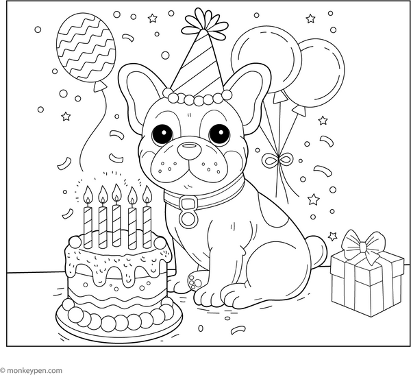 French Bulldog and a Birthday Cake coloring page – free printable for kids to color and enjoy