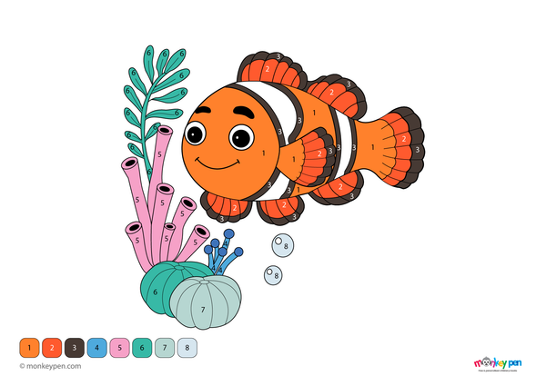 Color-by-number worksheet of a clownfish swimming underwater, with numbered sections for coloring the fish and surrounding sea plants.