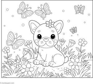 French Bulldog and a Butterfly Garden coloring page – free printable for kids to color and enjoy