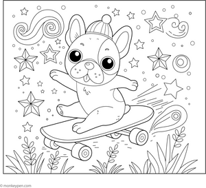 French Bulldog on a Skateboard coloring page – free printable for kids to color and enjoy