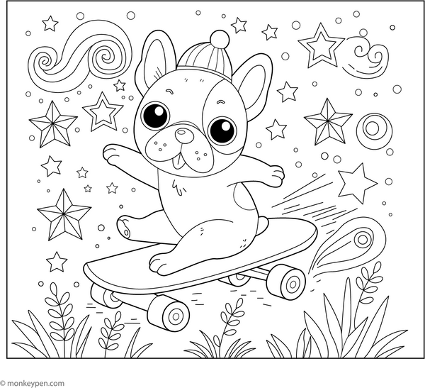 French Bulldog on a Skateboard coloring page – free printable for kids to color and enjoy