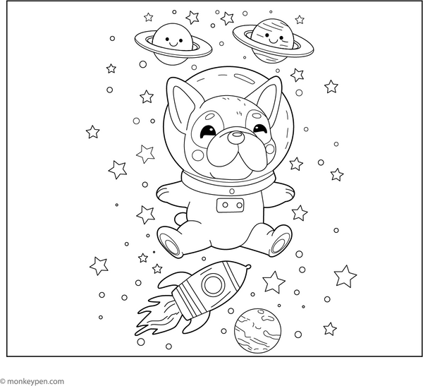 French Bulldog in Space coloring page – free printable for kids to color and enjoy
