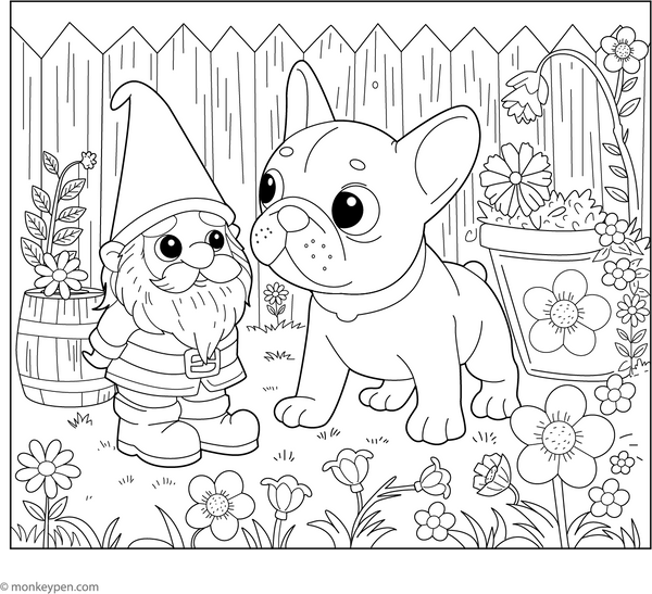 French Bulldog and a Garden Gnome coloring page – free printable for kids to color and enjoy