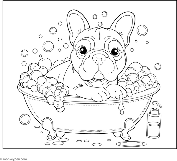 French Bulldog in a Bubble Bath coloring page – free printable for kids to color and enjoy