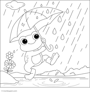 Frog in a Rainstorm coloring page – free printable for kids to color and enjoy
