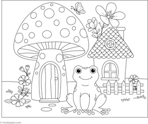 Frog and a Mushroom House coloring page – free printable for kids to color and enjoy