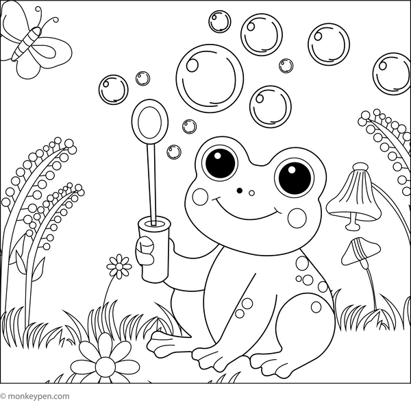 Frog Blowing Bubbles coloring page – free printable for kids to color and enjoy