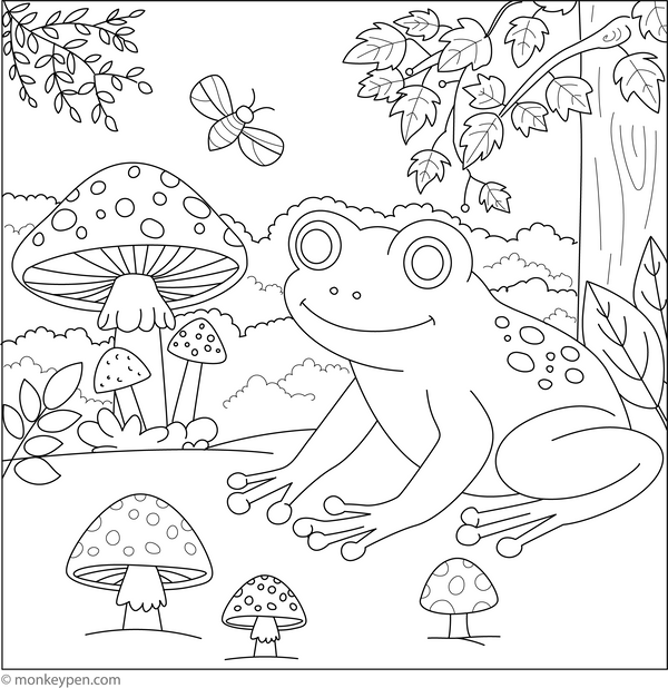 Frog in a Forest coloring page – free printable for kids to color and enjoy