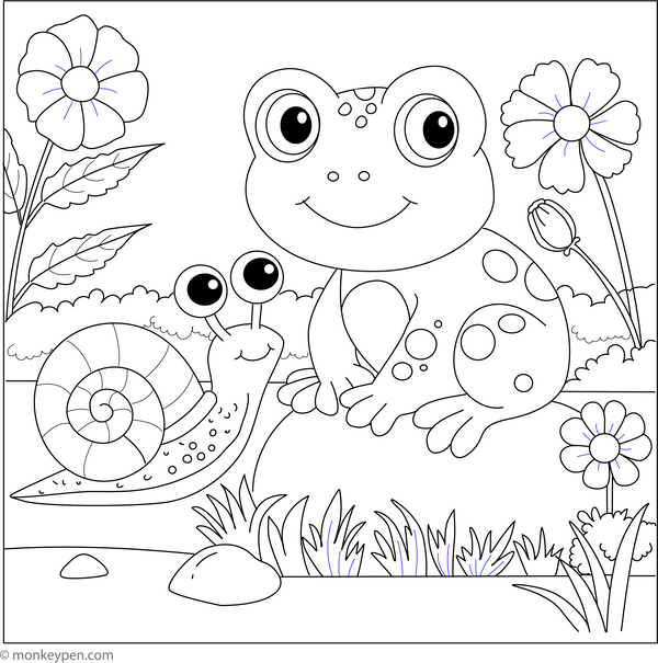 Frog with a Snail Friend coloring page – free printable for kids to color and enjoy