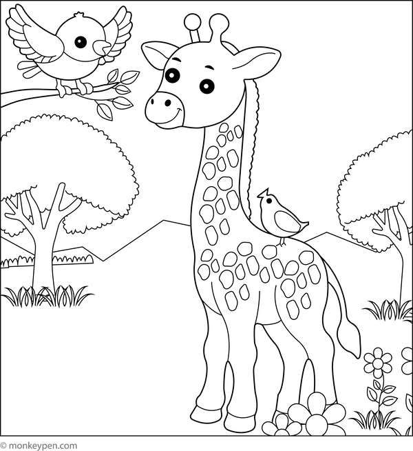 Giraffe and a Bird Friend coloring page – free printable for kids to color and enjoy