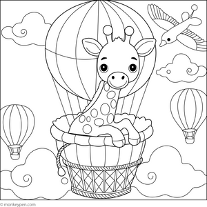 Giraffe in a Hot Air Balloon coloring page – free printable for kids to color and enjoy