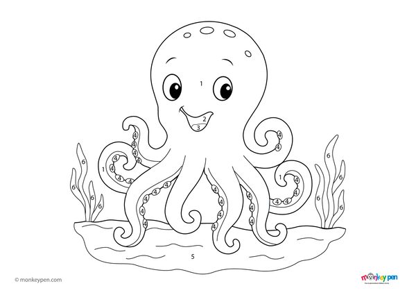 Color-by-number worksheet of an octopus underwater, with numbered sections for coloring its tentacles, eyes, and ocean background.