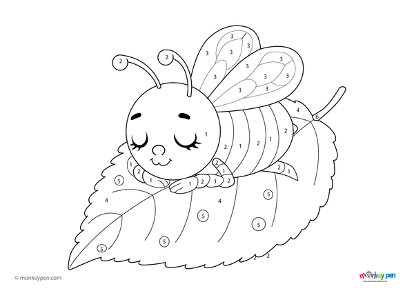 Color-by-number worksheet showing a bee sleeping on a leaf, with numbered sections for coloring the bee and the leaf.