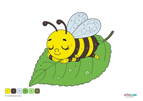 Color-by-number worksheet showing a bee sleeping on a leaf, with numbered sections for coloring the bee and the leaf.