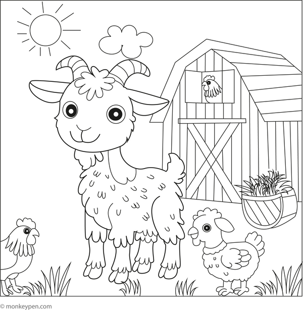 Goat in a Farmyard coloring page – free printable for kids to color and enjoy