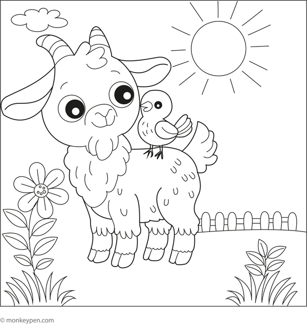 Goat with a Bird Friend coloring page – free printable for kids to color and enjoy