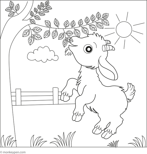 Goat and a Tree coloring page – free printable for kids to color and enjoy